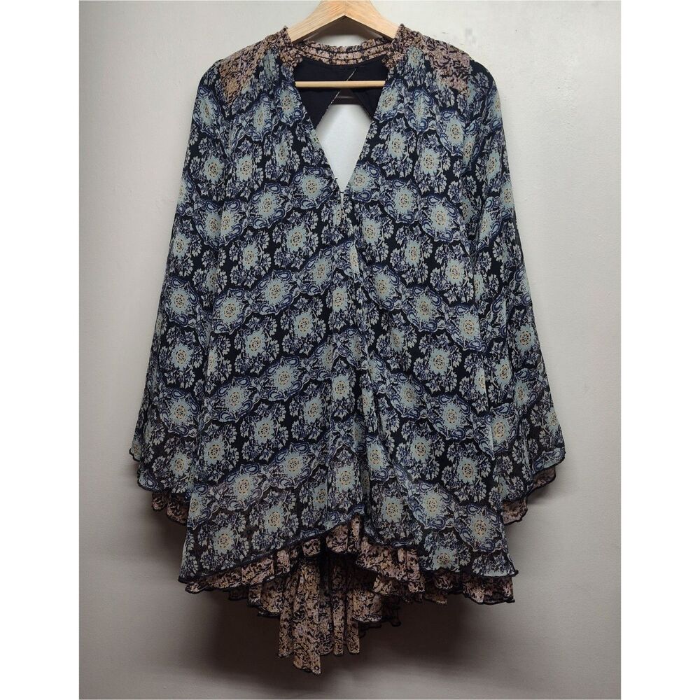 Free People Mini Dress Women XS Blue Long Sleeve Oversized Boho Chic Cocktail